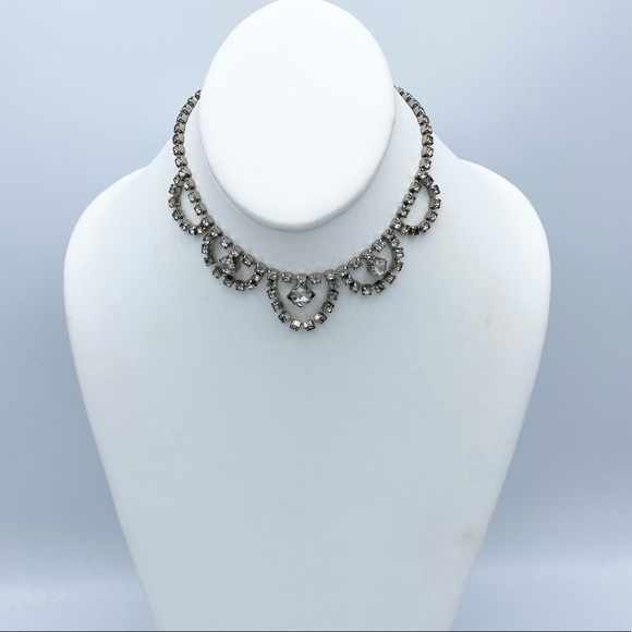 Vintage Clear Rhinestone Faux Diamond Ornate Choker Necklace - Picture 12 of 13